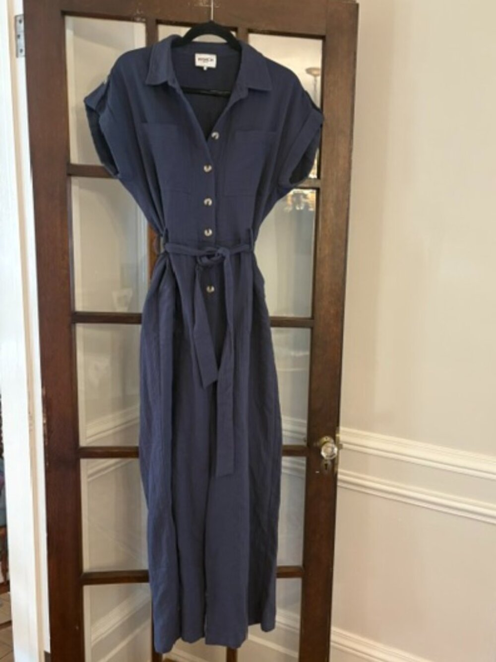 FRNCH Navy Blue Short Sleeved Linen-Blend Jumpsuit, Size Large